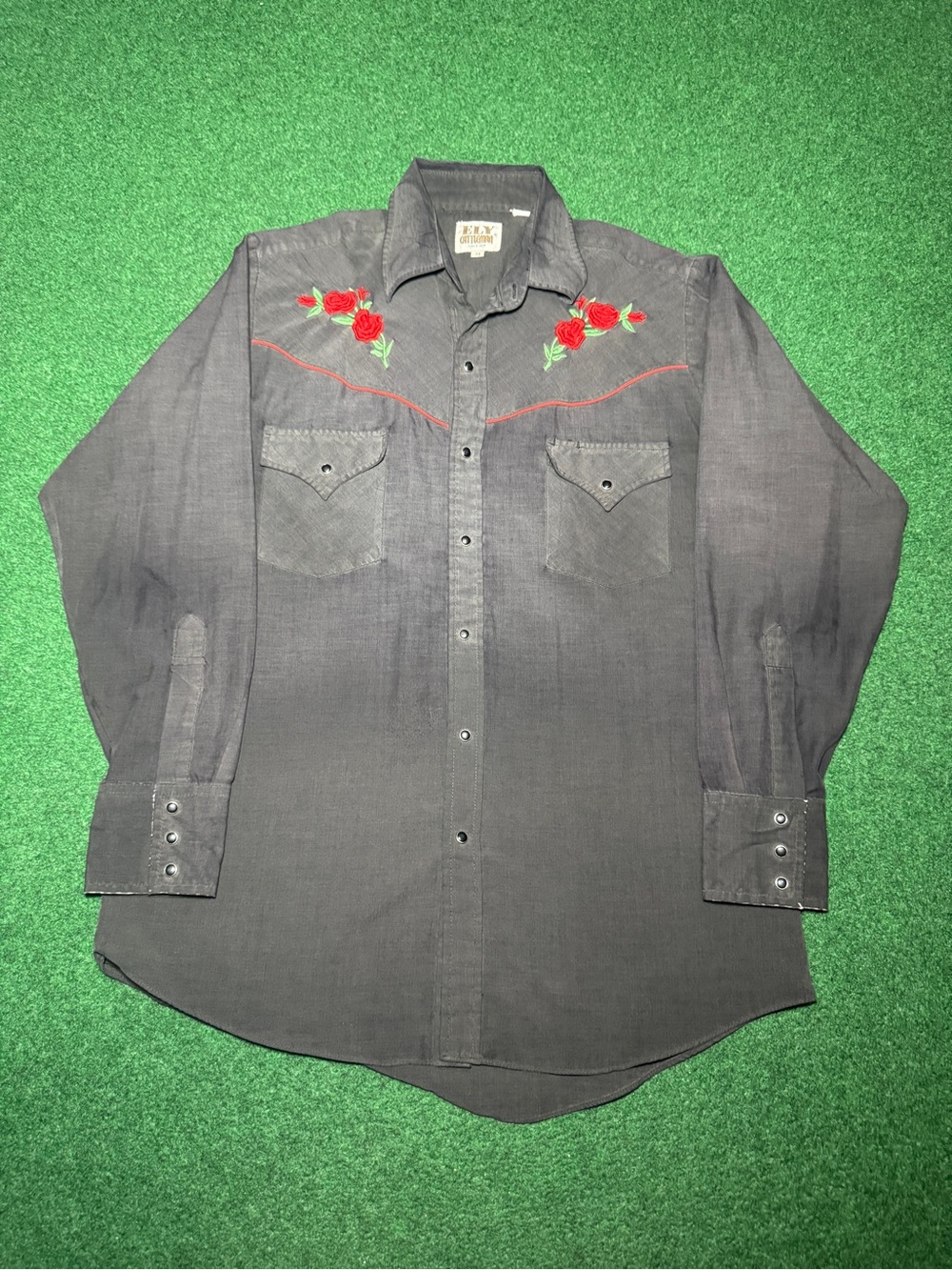 Ely Cattleman Pearl Snap Shirt Vintage Floral Rose Black Faded Medium Western